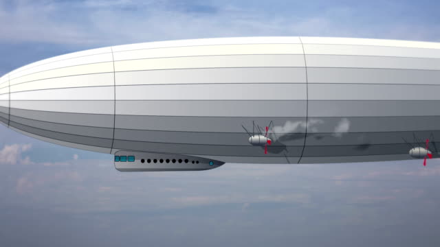 Legendary huge zeppelin airship on sky with clouds. Stylized flying balloon.
