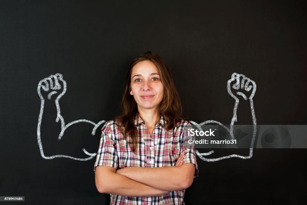 Beautiful lady with drawn powerful hands Muscular Build Stock Photo