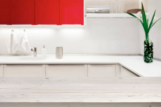 istock Blurred background of modern kitchen with tabletop and copy space 878942634