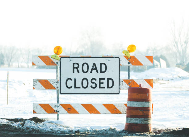 Road Closed Sign in Winter stock photo