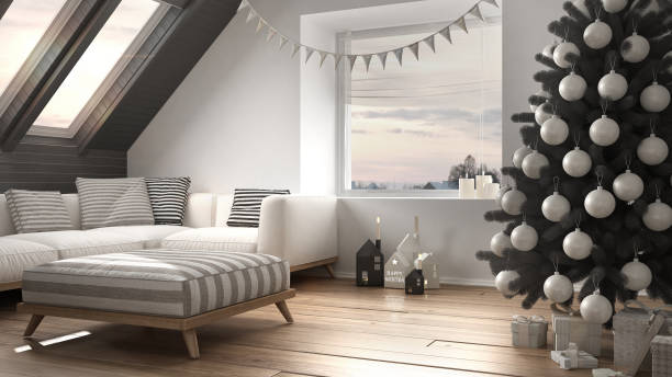 istock Christmas tree and presents in modern loft, big panoramic window, white and gray scandinavian minimalist interior design 878945150