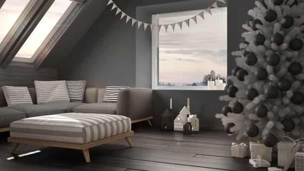 istock Christmas tree and presents in modern loft, big panoramic window, white and gray scandinavian minimalist interior design 878947356