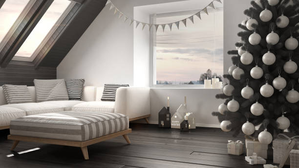 istock Christmas tree and presents in modern loft, big panoramic window, white and gray scandinavian minimalist interior design 878947792