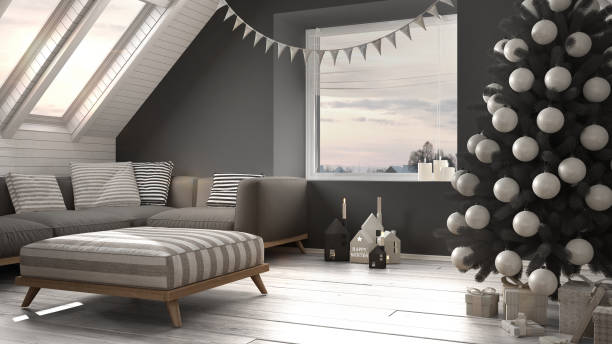 istock Christmas tree and presents in modern loft, big panoramic window, white and gray scandinavian minimalist interior design 878949698