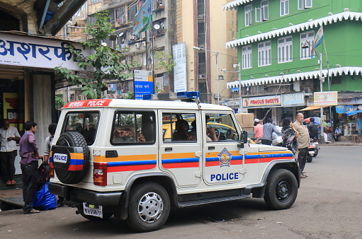 Mumbai India - October 14, 2017: Mumbai police car parked in downtown Mumbai.