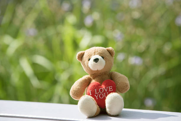 istock Brown bear and red heart with blurred floral floor. 878952788