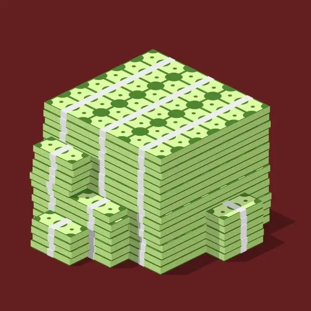 Vector illustration of Big stacked pile of cash. Hundreds of dollars in flat style isometric. Huge stacked pile of hundred us dollar cash. Big money concept