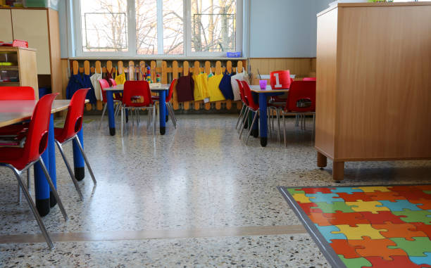 istock inside of a classroom in kindergarten with small chairs 878956246
