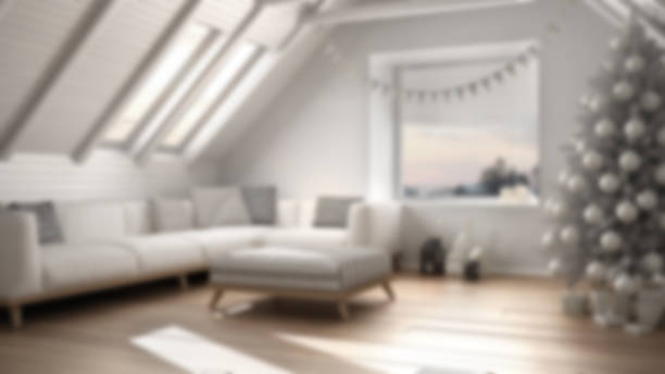 istock Blur background interior design, loft living room with Christmas tree and presents, white scandinavian minimalist 878958512