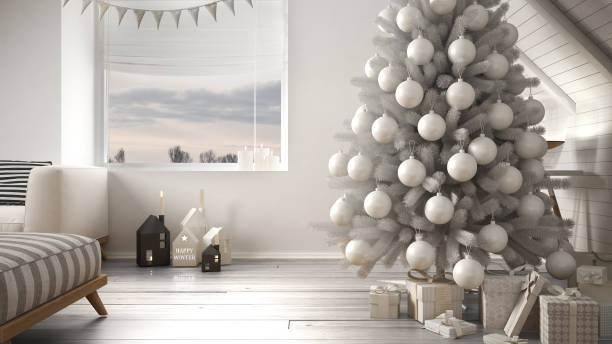 istock Christmas tree and presents in modern loft, big panoramic window, white scandinavian minimalist interior design 878960668