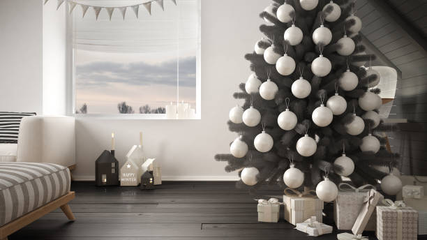 istock Christmas tree and presents in modern loft, big panoramic window, white and gray scandinavian minimalist interior design 878960720