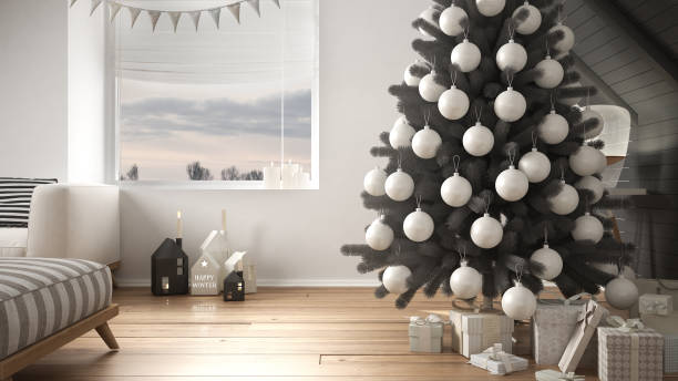 istock Christmas tree and presents in modern loft, big panoramic window, white and gray scandinavian minimalist interior design 878960756