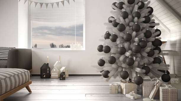 istock Christmas tree and presents in modern loft, big panoramic window, white and gray scandinavian minimalist interior design 878960828