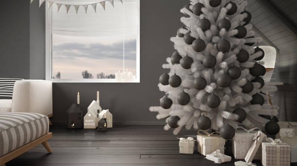 istock Christmas tree and presents in modern loft, big panoramic window, white and gray scandinavian minimalist interior design 878960888