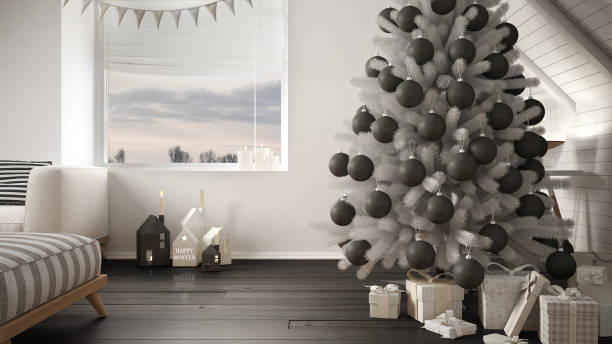 istock Christmas tree and presents in modern loft, big panoramic window, white and gray scandinavian minimalist interior design 878960984