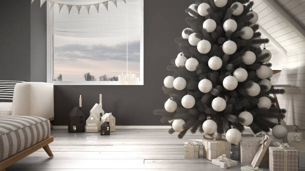 istock Christmas tree and presents in modern loft, big panoramic window, white and gray scandinavian minimalist interior design 878961018