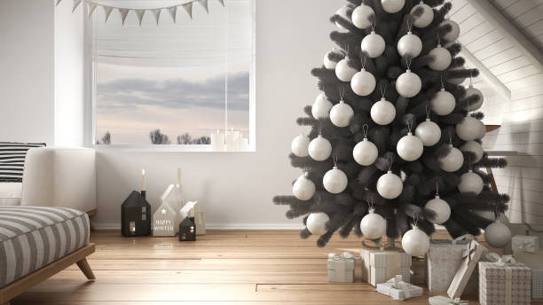 Christmas tree and presents in modern loft, big panoramic window, white scandinavian minimalist interior design
