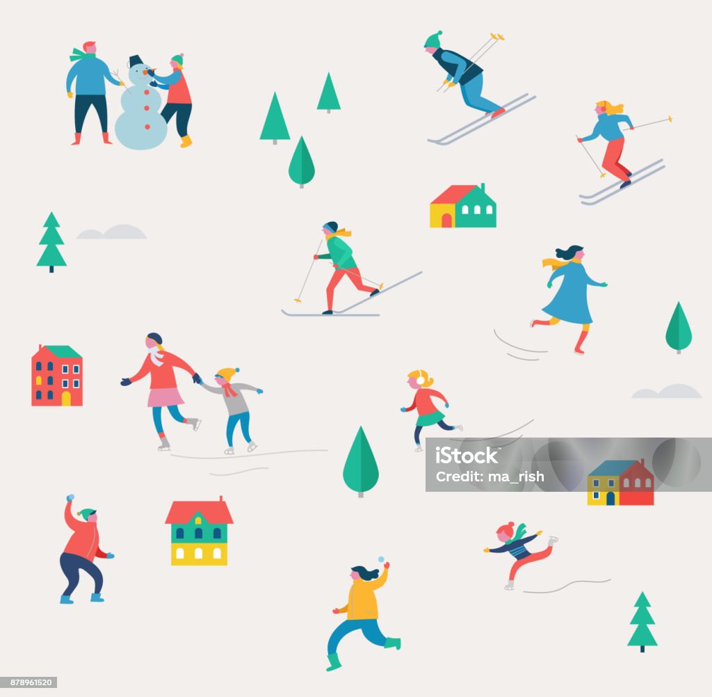 Escena de deporte de invierno, Feria y festival de Navidad, las familias con niños se burlan - arte vectorial de Navidad libre de derechos