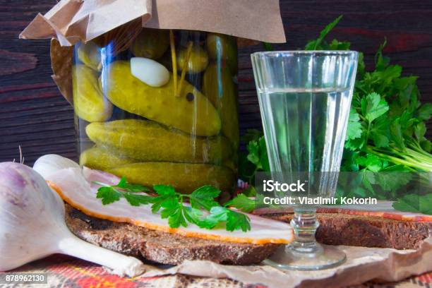 Traditional Ukrainian And Russian Appetizer When Dining Food When Drinking Alcohol Vodka And Sandwiches With Bacon Garlic And Pickles Stock Photo - Download Image Now