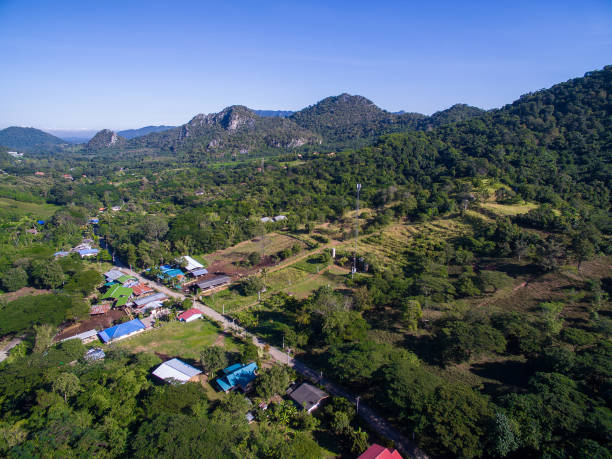 istock Small village in valley with forest, mountain, and blue sky 878965002
