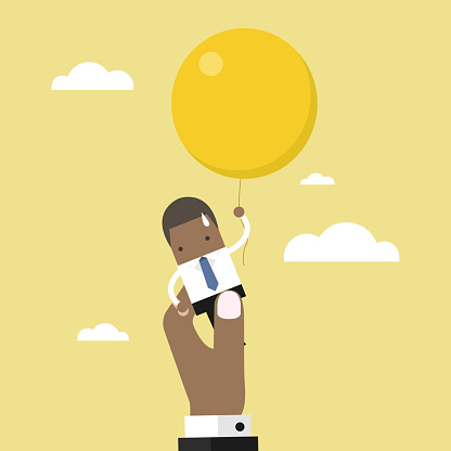 African businessman flying away with balloon but being hindered by businessman large hands. vector