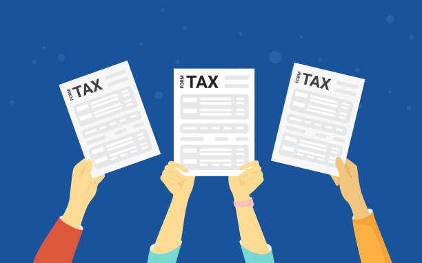 illustrazioni stock, clip art, cartoni animati e icone di tendenza di illustrazione vettoriale del concetto di modulo tax delle persone che mostrano documenti pieni - tax tax form financial advisor symbol