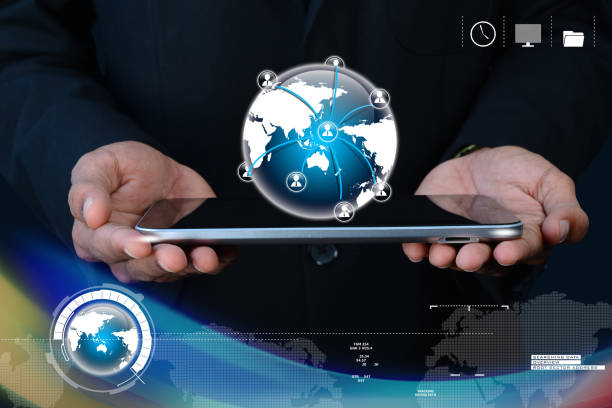istock Businessman showing tablet with global networking 878970018