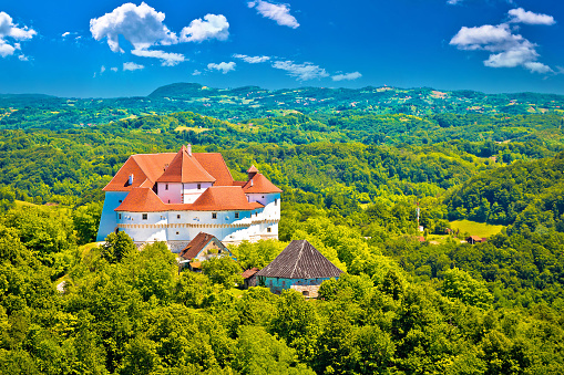 Idyllic green landscape of Zagorje region with Veliki Tabor castle, northern Croatia