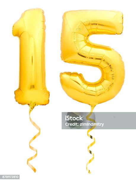 Golden Number 15 Fifteen Made Of Inflatable Balloon With Ribbon Isolated On White Stock Photo - Download Image Now