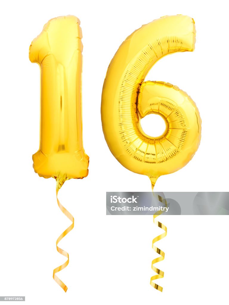 Golden number 16 sixteen made of inflatable balloon with ribbon isolated on white Golden number 16 sixteen made of inflatable balloon with golden ribbon isolated on white background Balloon Stock Photo