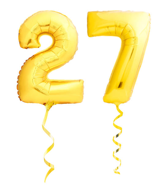 Golden number 27 twenty seven made of inflatable balloon with ribbon isolated on white Golden number 27 twenty seven made of inflatable balloon with golden ribbon isolated on white background number 27 stock pictures, royalty-free photos & images