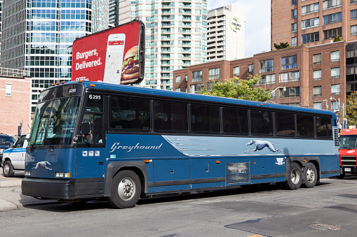 Toronto, Canada - Oct 16, 2017: Grehound bus at the city terminal in Toronto. Province of Ontario, Canada