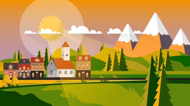 illustrazioni stock, clip art, cartoni animati e icone di tendenza di vettore di design piatto della piccola città nel paesaggio autunnale - small town america