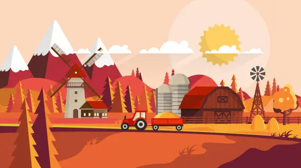 Vector illustration of Agricultural Framland Flat Vector Landscape Illustration in Autumn