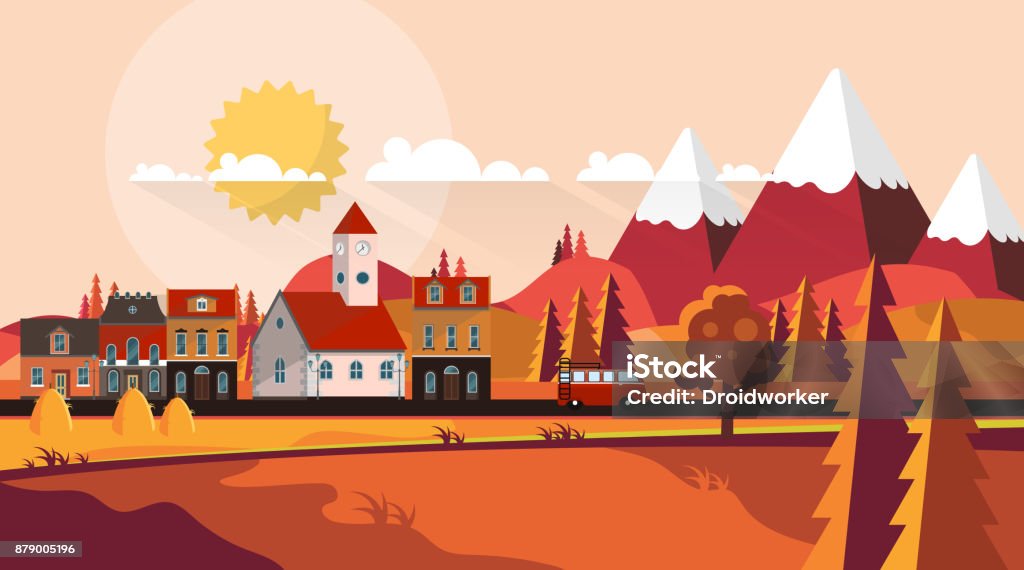 Плоский дизайн Вектор маленького города в осеннем ландшафте - Векторная графика Маленький городок роялти-фри Плоский дизайн Вектор маленького города в осеннем ландшафте - Векторная графика Маленький городок роялти-фри