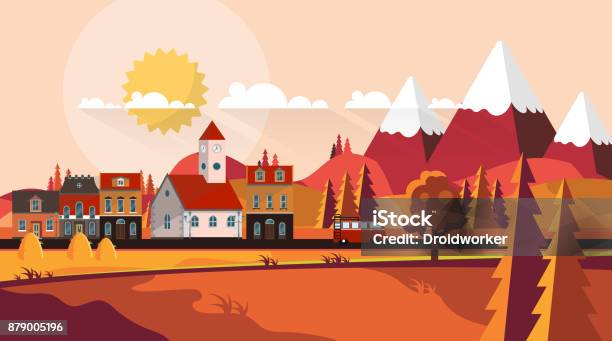 Плоский Дизайн Вектор Маленького Города В Осеннем Ландшафте — стоковая векторная графика и другие изображения на тему Маленький городок