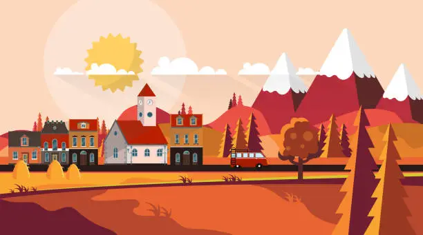 Vector illustration of Flat Design Vector of Small Town in Autumn Landscape