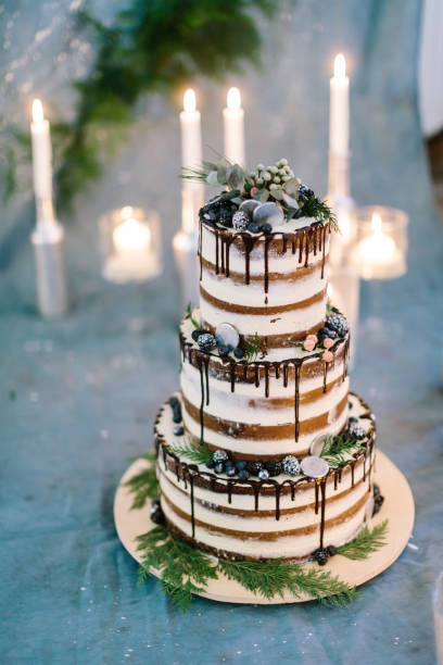 istock dessert, confection, celebration concept. three tier white wedding cake richly decorated with berries and leaves, small branches of conifer and chocolate frosting 879024472