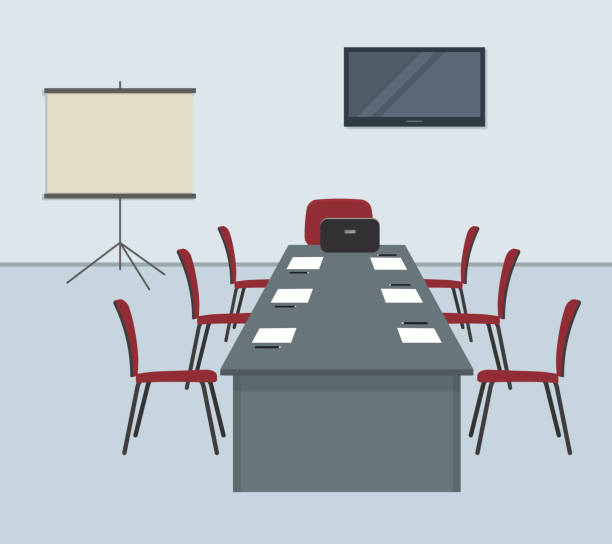 ilustrações de stock, clip art, desenhos animados e ícones de conference hall in gray color. the office room is prepared for the meeting - conference room sign