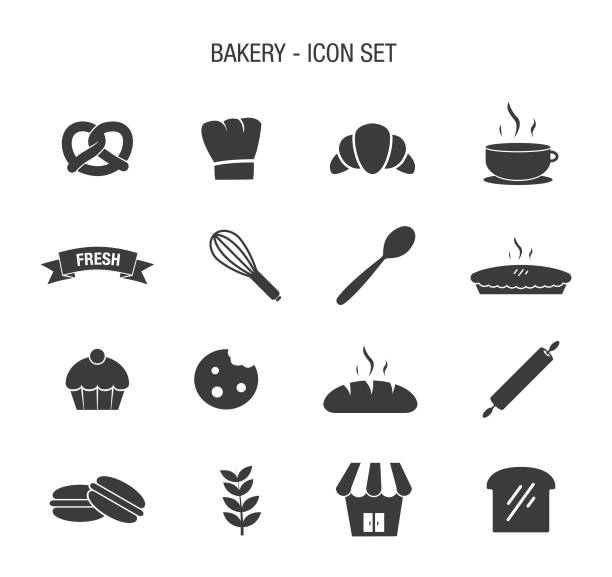 хлебобулочные икона установить - chefs hat hat kitchen utensil spoon stock illustrations
