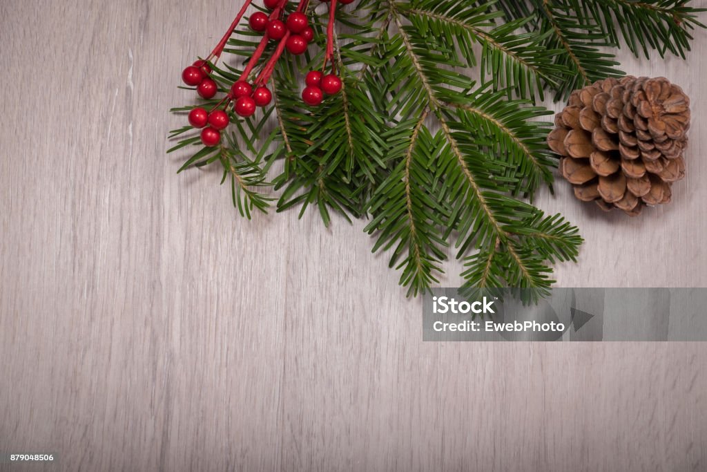 Christmas holly, pine tree, and cone over a wood background Advent Stock Photo