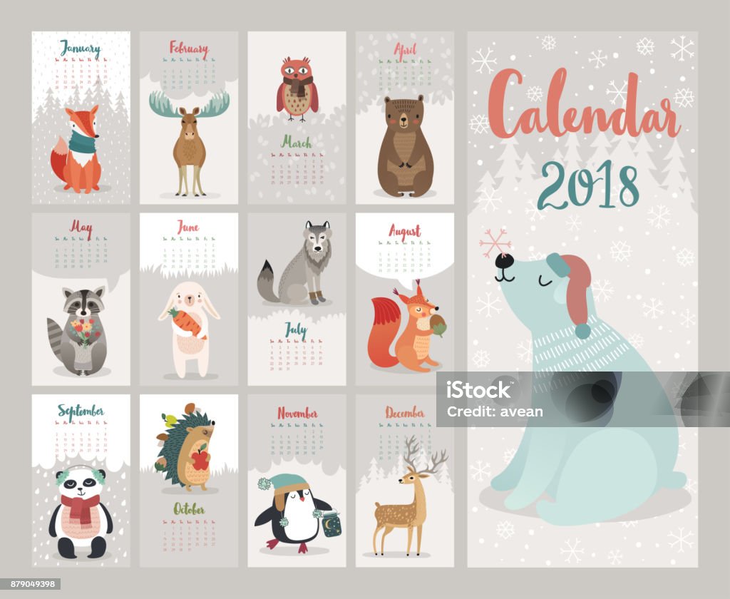 Calendrier 2018. Joli calendrier mensuel avec animaux de la forêt. - clipart vectoriel de Noël libre de droits