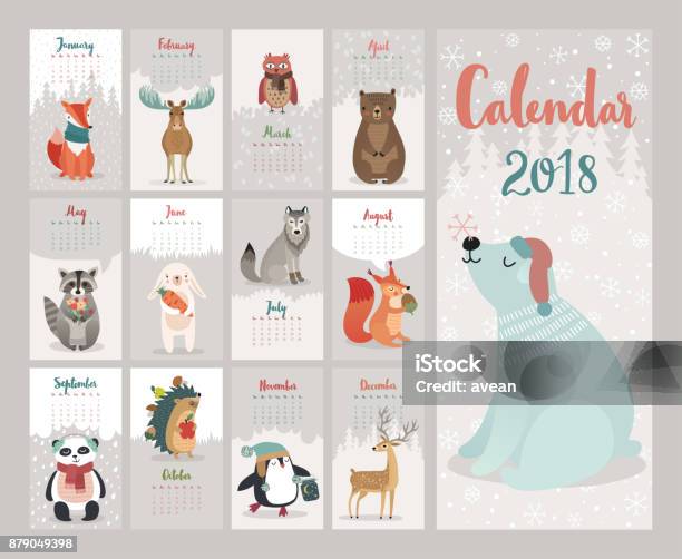 Calendrier 2018 Joli Calendrier Mensuel Avec Animaux De La Forêt Vecteurs libres de droits et plus d'images vectorielles de Noël