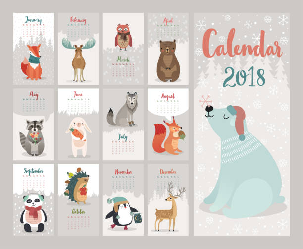 Calendar 2018. Cute monthly calendar with forest animals. Calendar 2018. Cute monthly calendar with forest animals. Vector illustration. holiday calendars stock illustrations