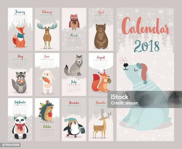 Calendar 2018 Cute Monthly Calendar With Forest Animals Stock Illustration - Download Image Now