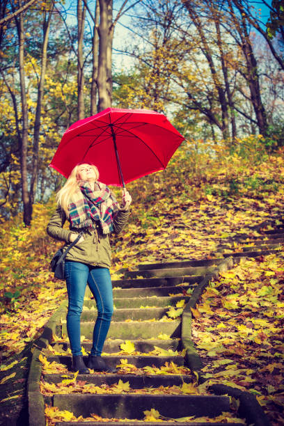 istock Woman walking in park with umbrella 879049408
