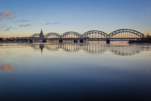 istock Stunning cloudy sunset at bridge landscape at Riga 879050678