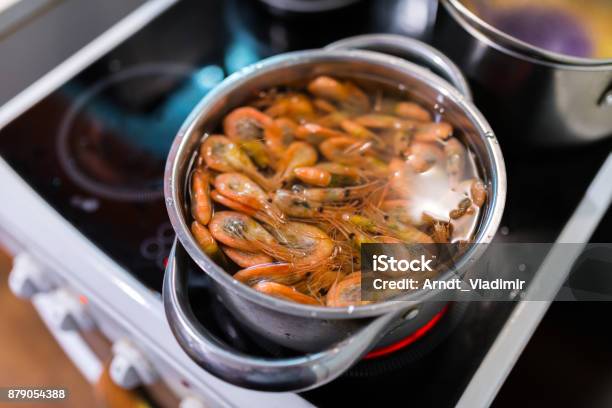 Shrimps Boil In Pan Stock Photo - Download Image Now - Appetizer, Boiled, Close-up