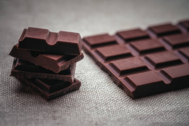 istock Dark chocolate and background texture of old jute 879066490