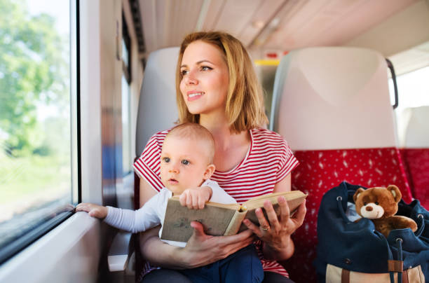 istock Young mother travelling with baby by train. 879066980